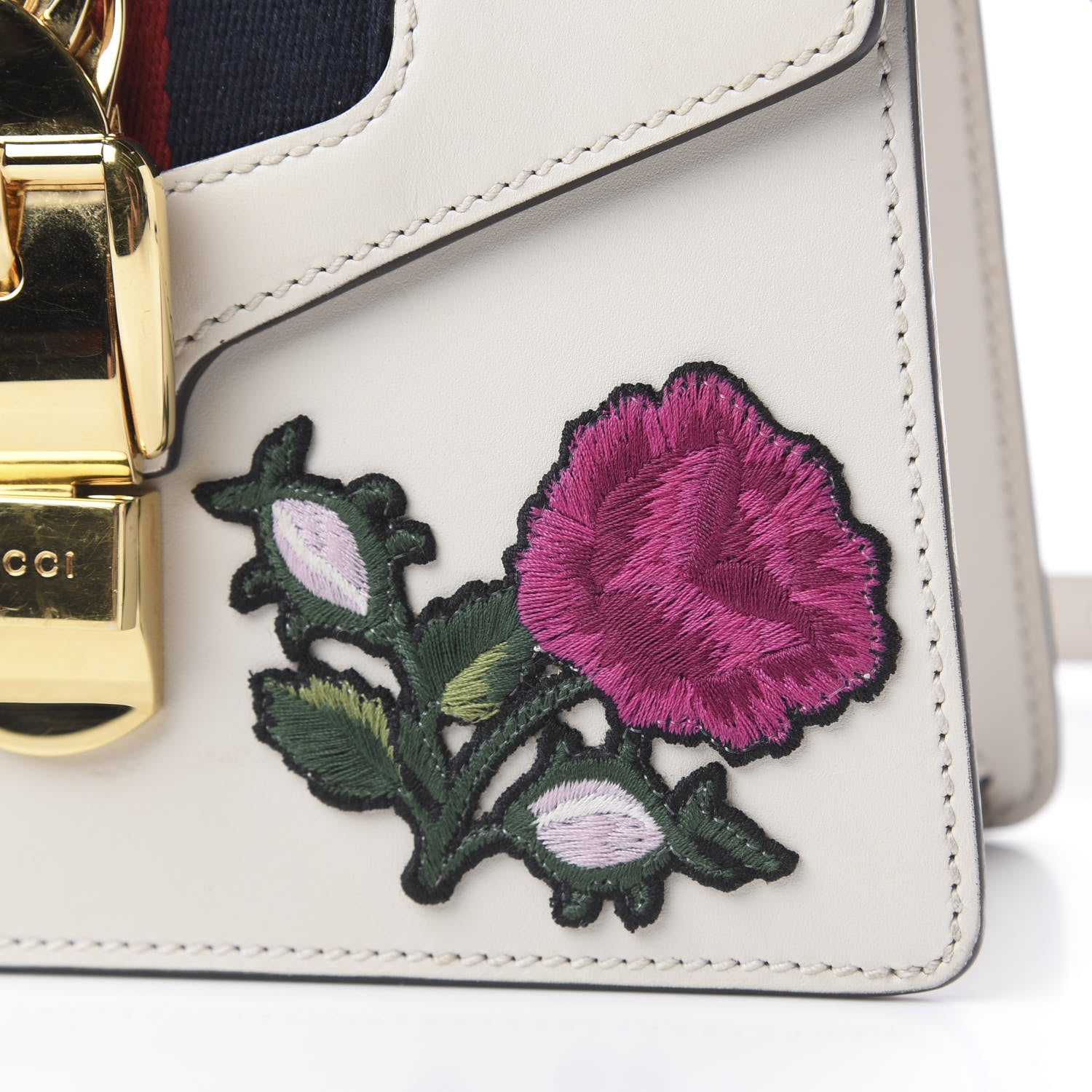 Gucci Calfskin Embroidered Mini Sylvie Top Handle Bag White 15 of 18