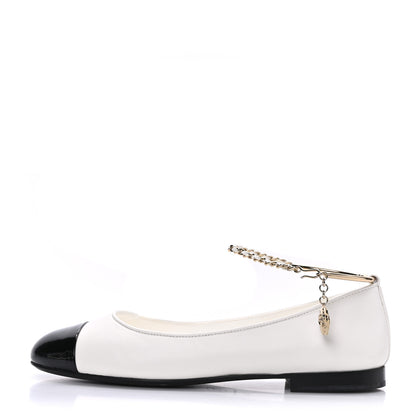 Chanel Lambskin Patent Calfskin Cap Toe Ankle Chain Ballerina Flats 38 White Black 1 of 8