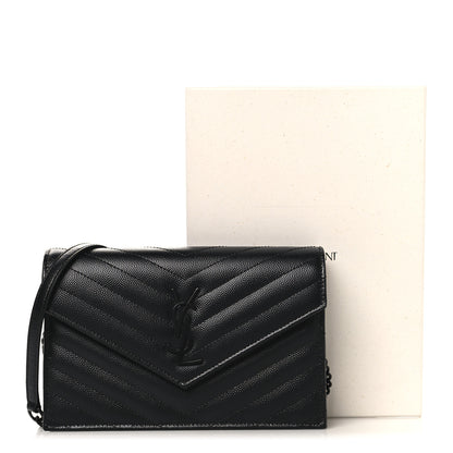Saint Laurent Grain De Poudre Matelasse Chevron Monogram Monochrome Envelope Chain Wallet Black 10 of 10