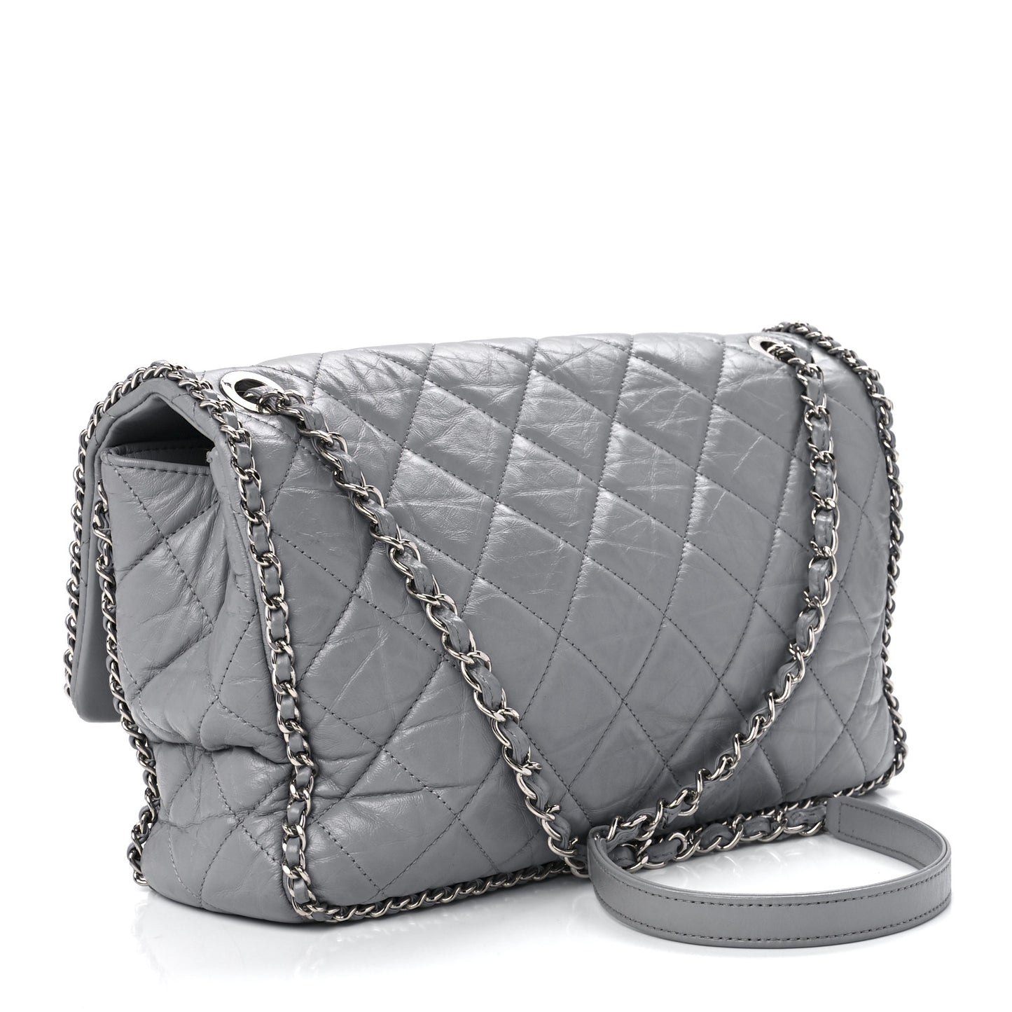 Crumpled Calfskin Large Chain All Over Flap Grey