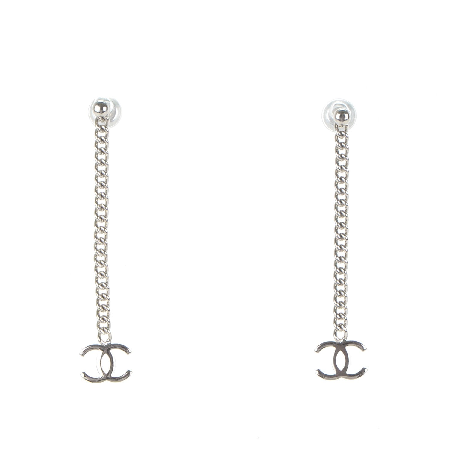 Chanel CC Long Drop Earrings Silver 1 of 3