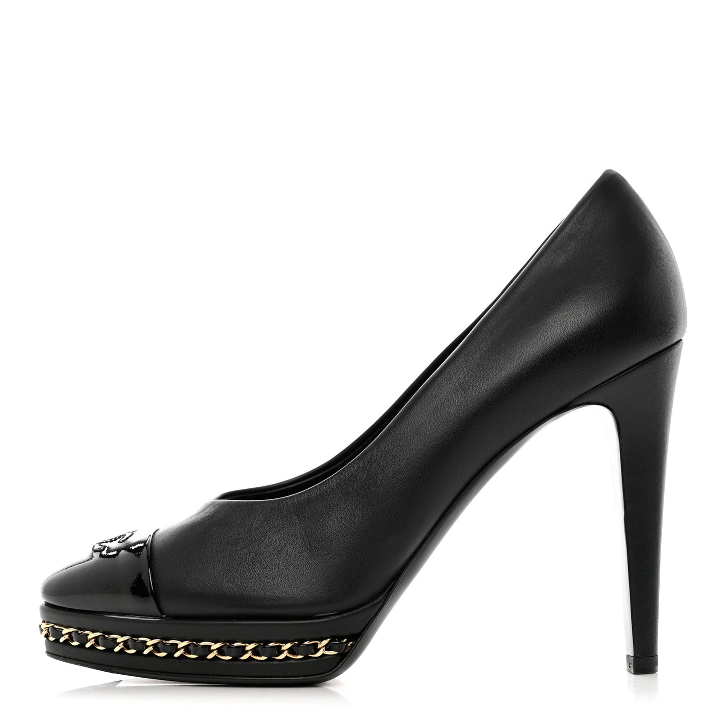 Lambskin CC Cap Toe Platform Chain Pumps 38 Black