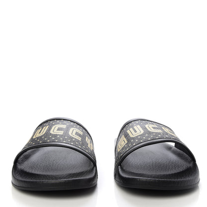 Gucci X SEGA Supreme Canvas GUCCY Stars Womens Slide Sandals 39 Black Gold 2 of 8