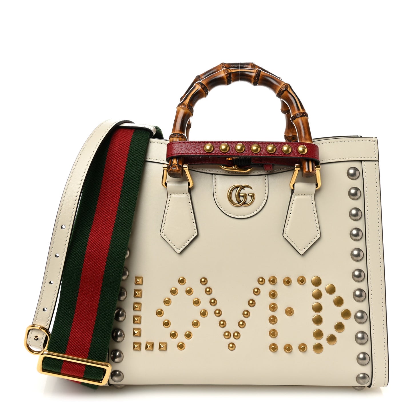 Calfskin Studded Loved Small Diana Tote Bag Mystic White Hibiscus Red
