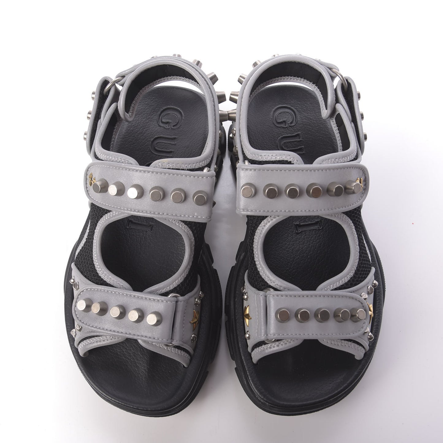 Technical Canvas Calfskin Reflective Studded Mens Aguru Sandals 6 Silver Black
