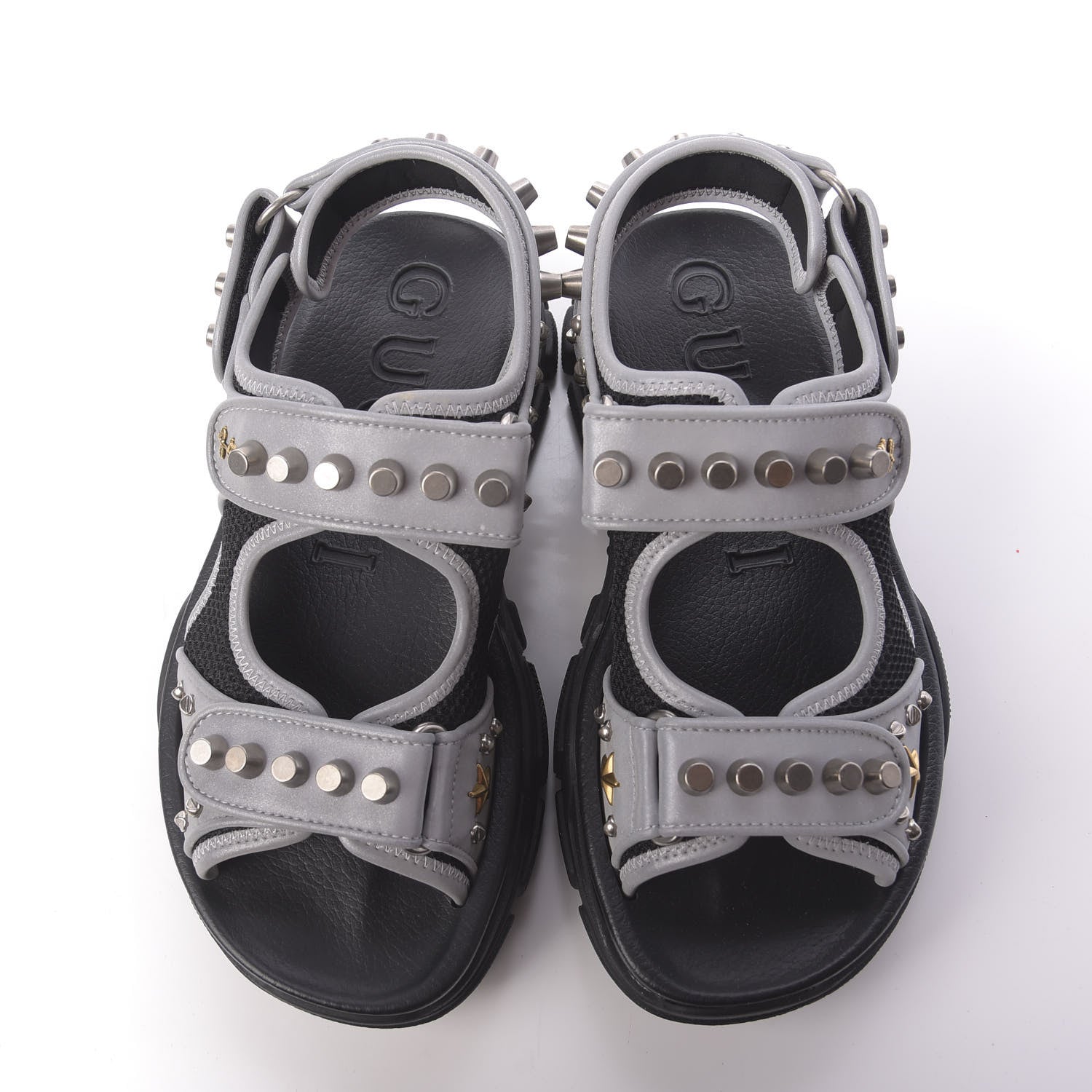 Gucci Technical Canvas Calfskin Reflective Studded Mens Aguru Sandals 6 Silver Black 5 of 9