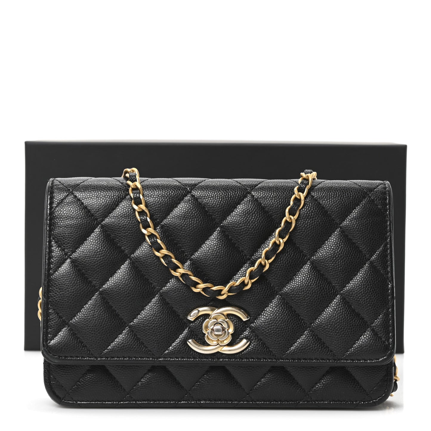 Caviar Quilted Camellia Wallet On Chain WOC Black