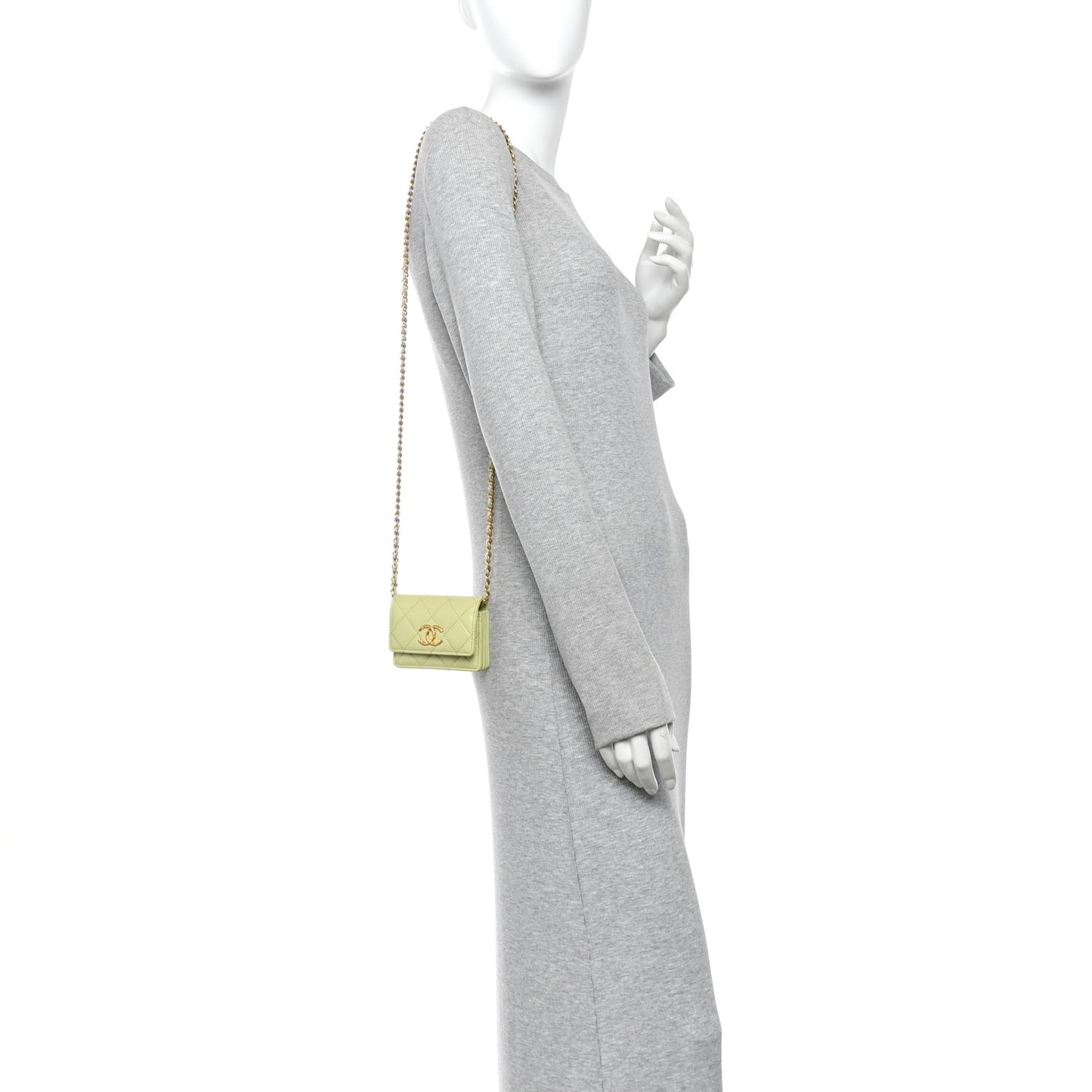 Lambskin Quilted Flap Card Holder On Chain Light Green