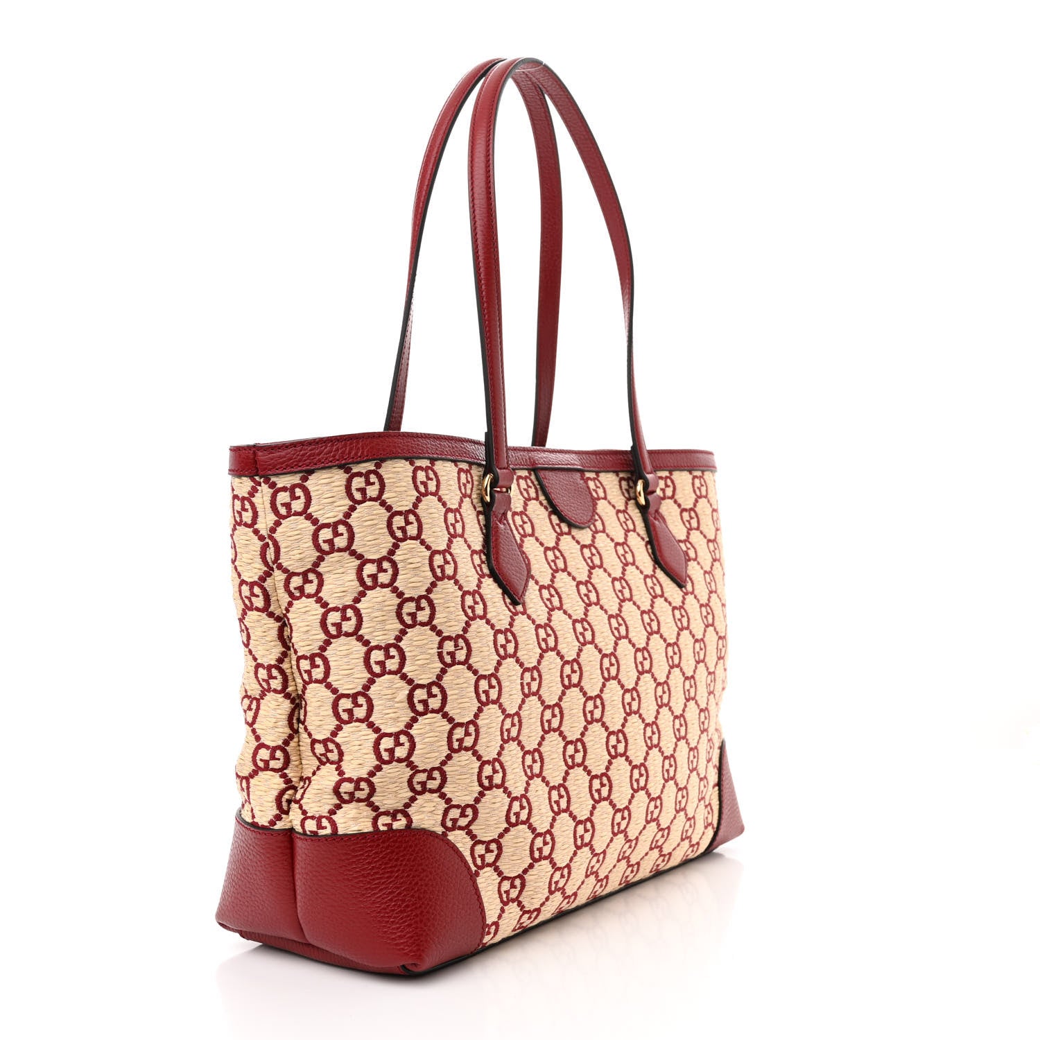 Gucci Straw Jacquard Dollar Calfskin GG Monogram Medium Ophidia Shopping Tote Natural New Cherry Red 3 of 11