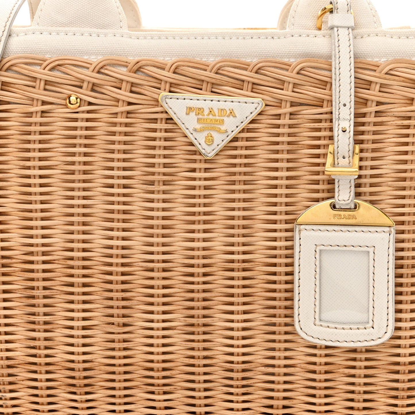 Canvas Wicker Shoulder Bag White Tan