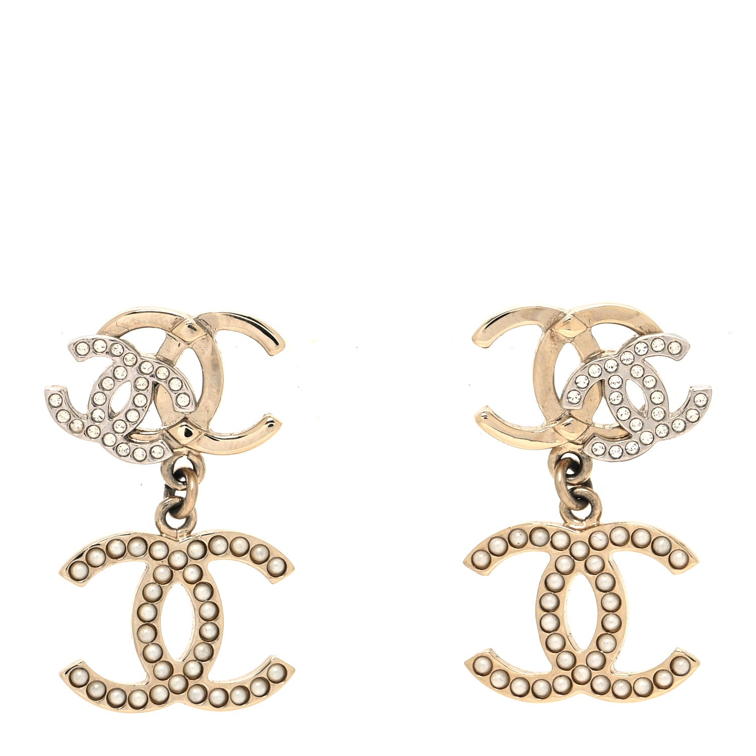Chanel Crystal Pearl Double CC Drop Earrings Gold Silver 1 of 4