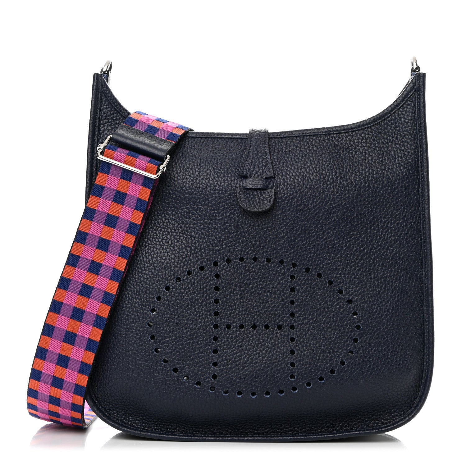 Hermes Taurillon Clemence Quadrille Evelyne III PM Bleu Nuit Bleu Saphir Anemone Capucine 1 of 12