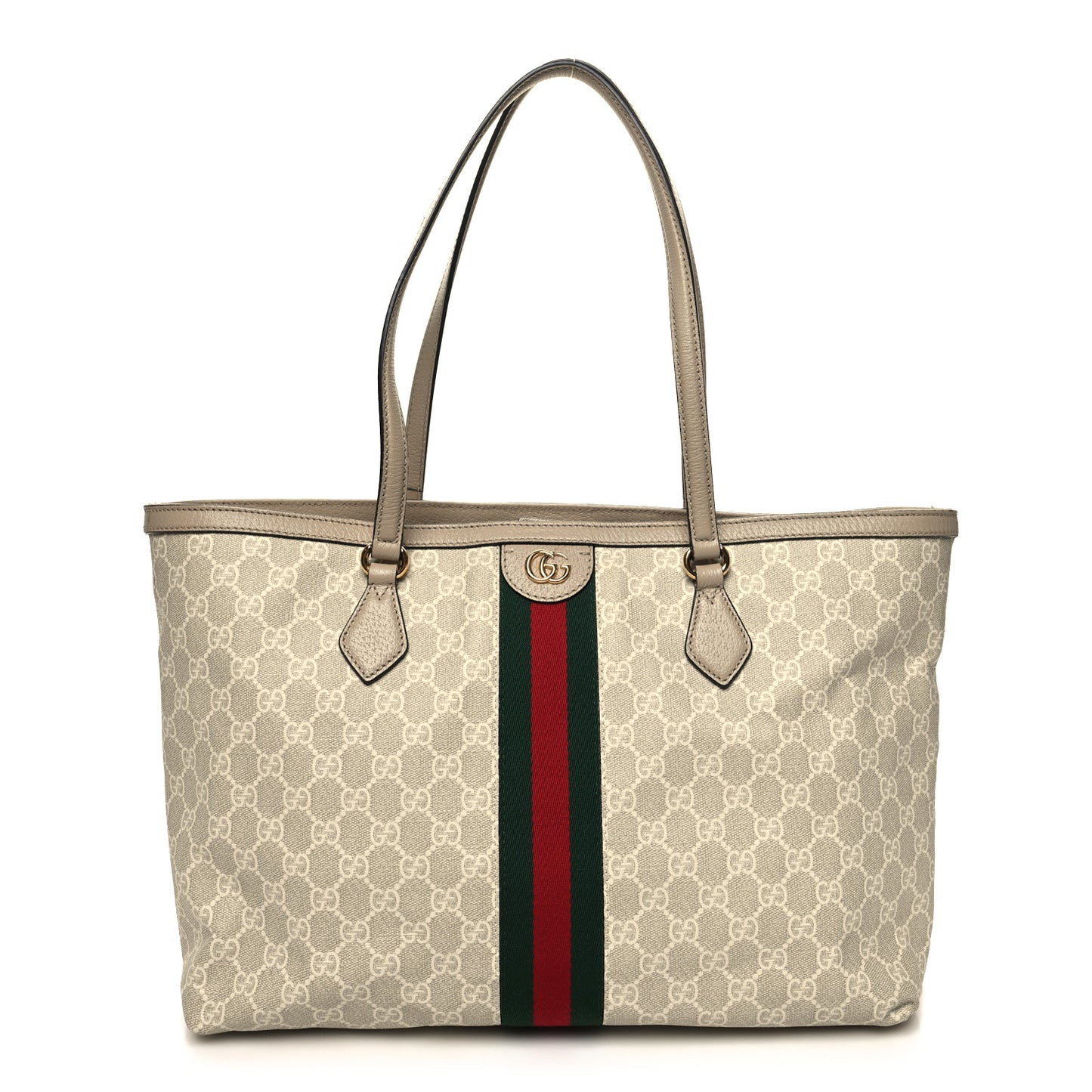 GG Supreme Monogram Textured Dollar Calfskin Web Medium Ophidia Shopping Tote Beige Mystic White Oatmeal