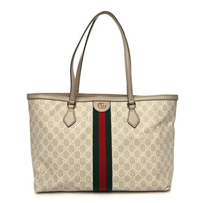Gucci GG Supreme Monogram Textured Dollar Calfskin Web Medium Ophidia Shopping Tote Beige Mystic White Oatmeal 1 of 10