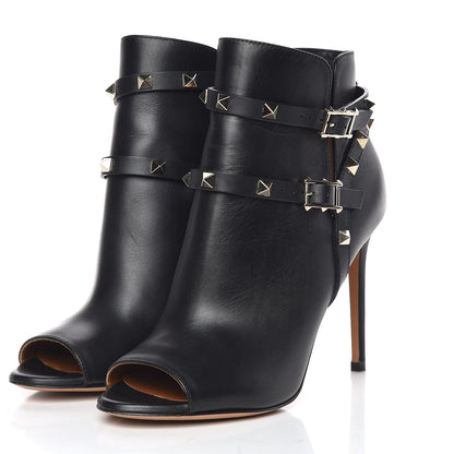 Valentino Garavani Calfskin Rockstud Peep Toe Double Buckle 100mm Ankle Boots 37 Black 3 of 13