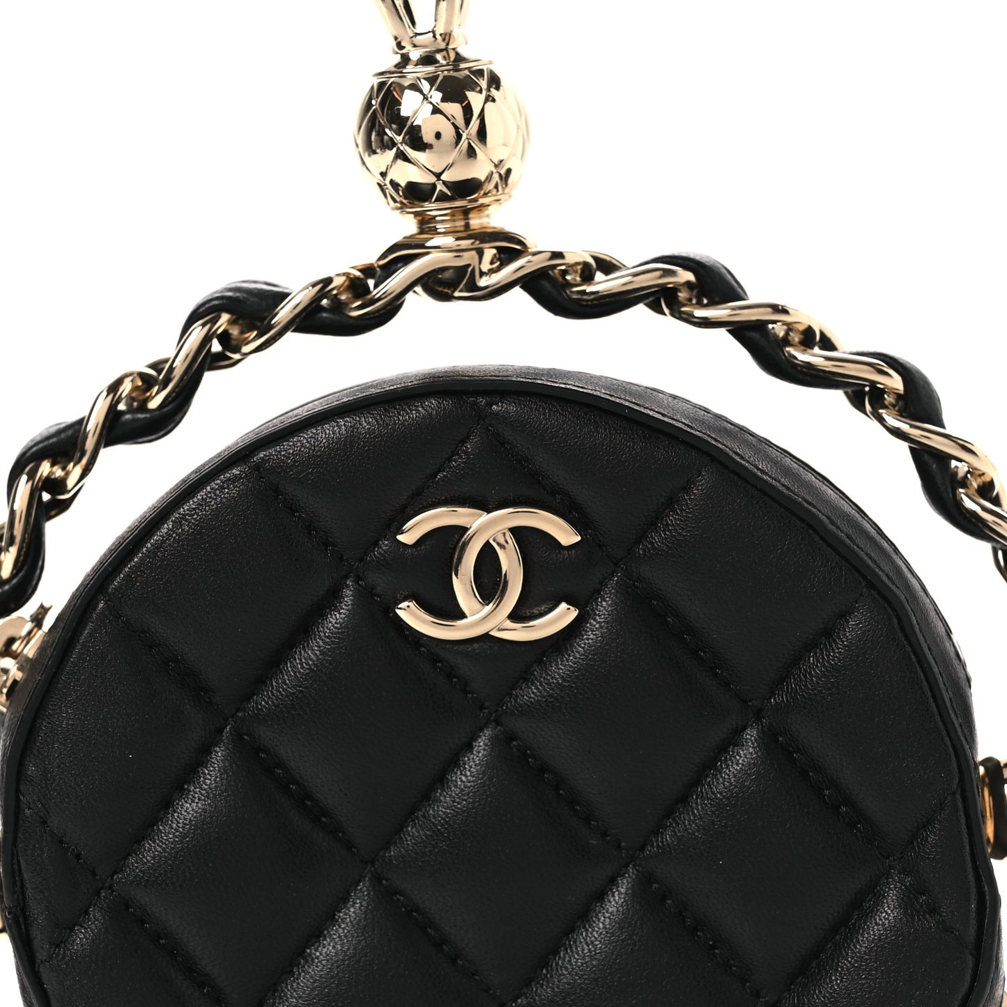 Lambskin Quilted Chain Round Mini Clutch Black