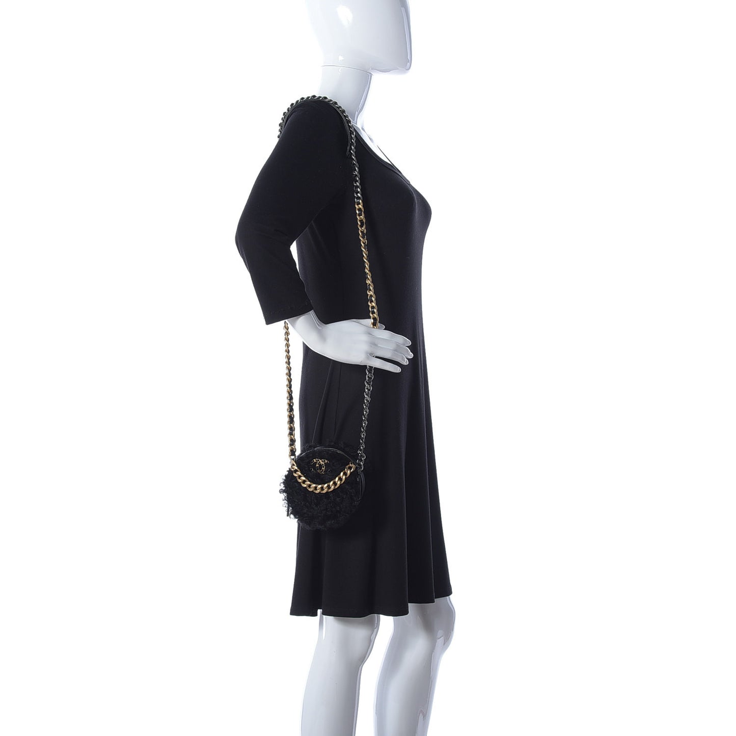 Shearling Sheepskin Chanel 19 Round Clutch With Chain Black