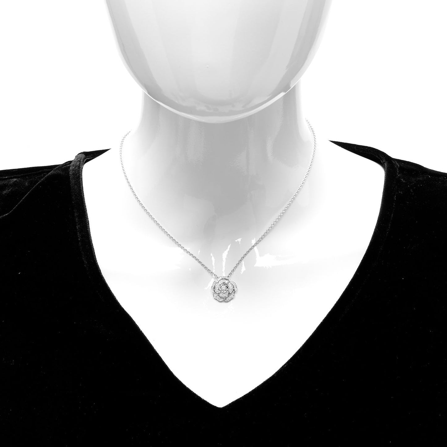 18K White Gold Diamond Bouton de Camelia Pendant Necklace