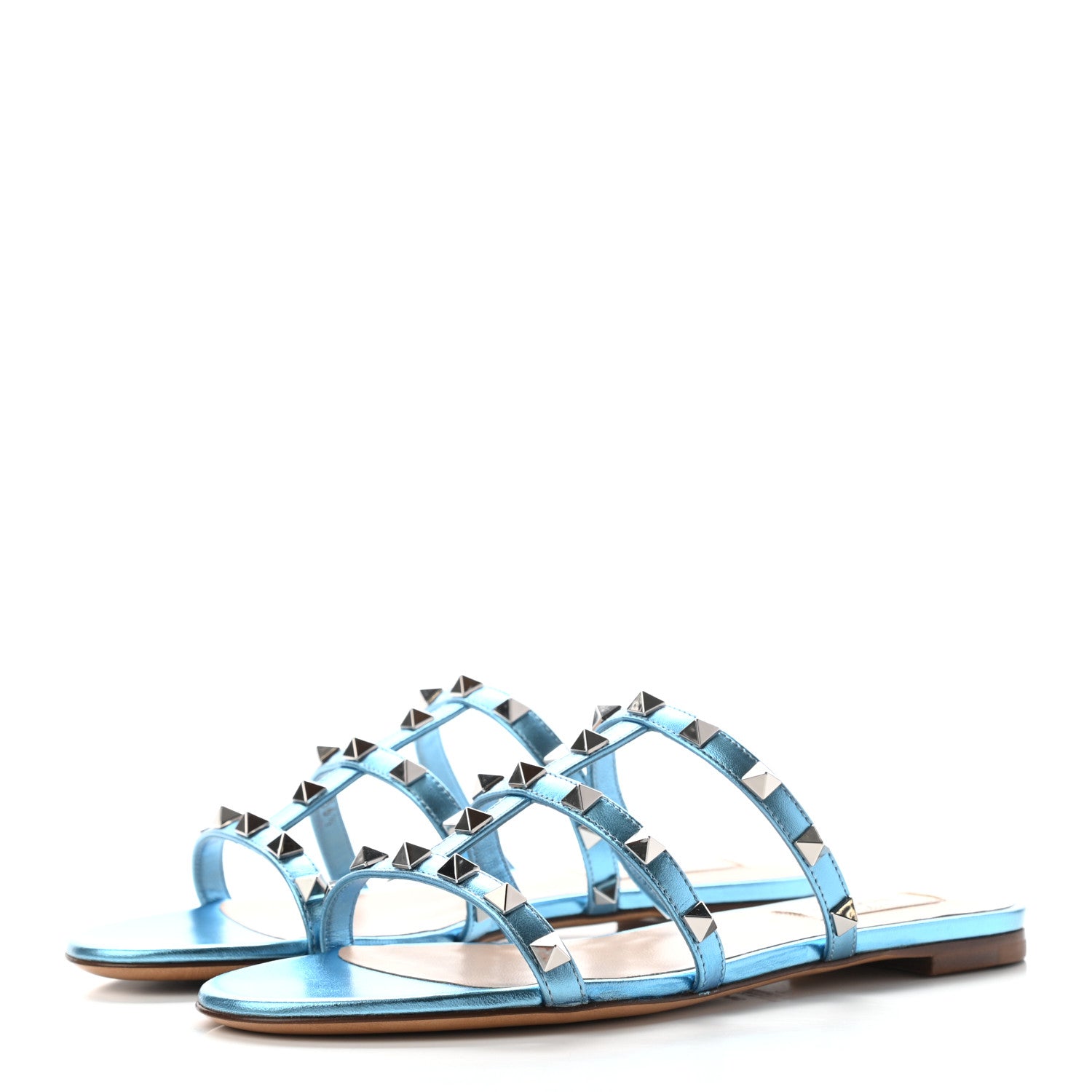 Valentino Garavani Metallic Nappa Rockstud Caged Flat Slide Sandals 36.5 Cerulean 3 of 8