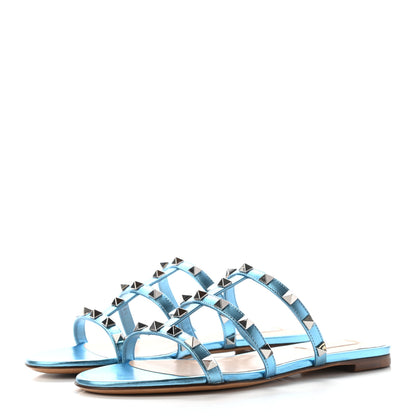 Valentino Garavani Metallic Nappa Rockstud Caged Flat Slide Sandals 36.5 Cerulean 3 of 8