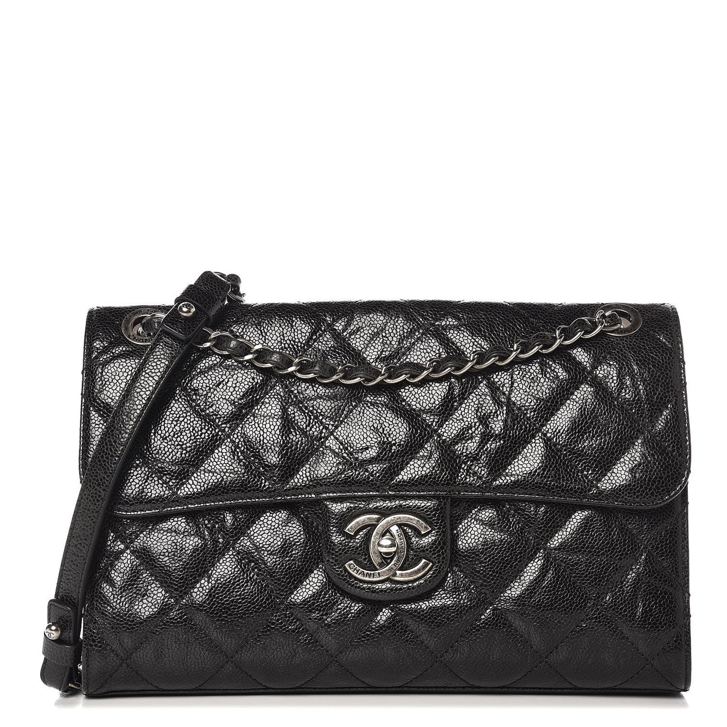 Crumpled Grained Calfskin Medium CC Crave Flap Black