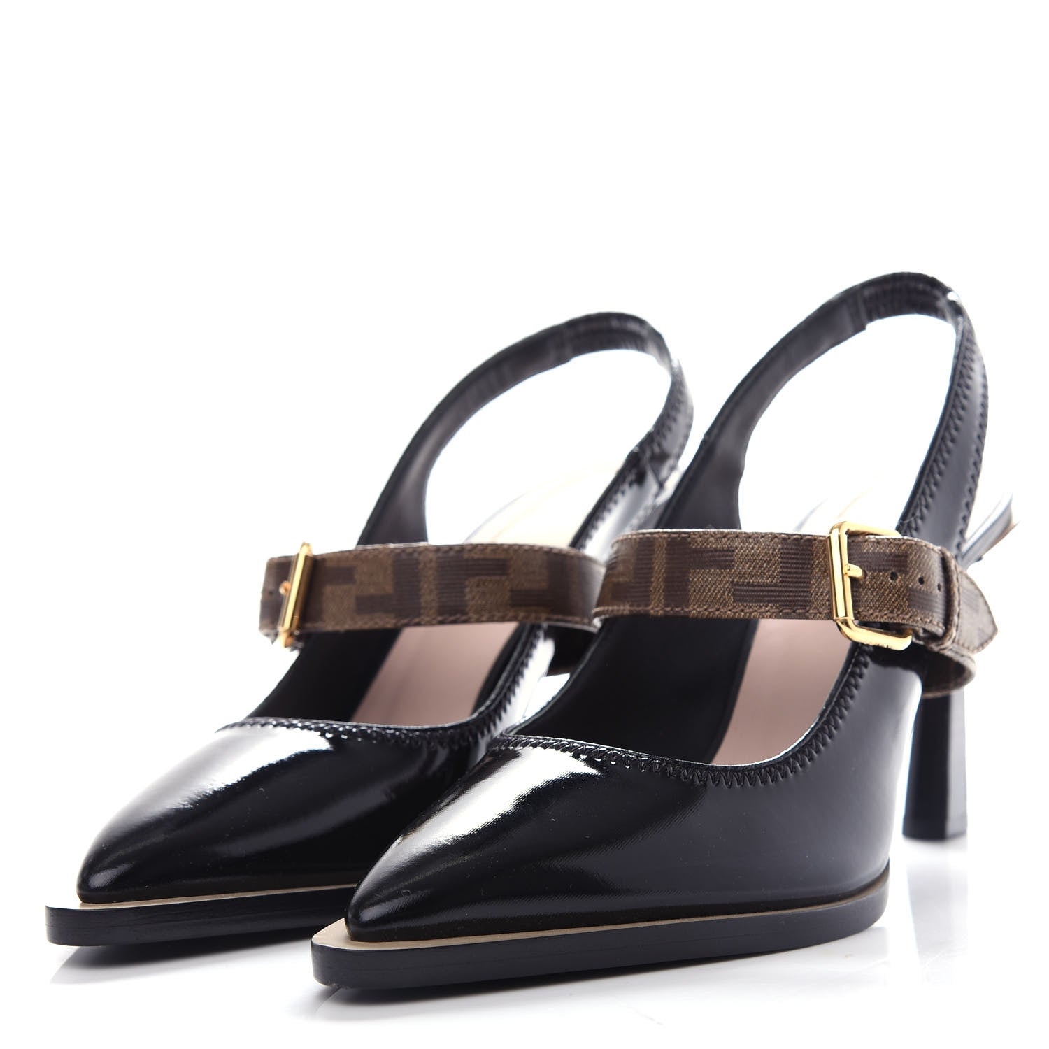 Fendi Glossy Neoprene Glazed Fabric FF FFrame Court Mary Jane Slingback Pumps 39 Black Tobacco Moro 3 of 10