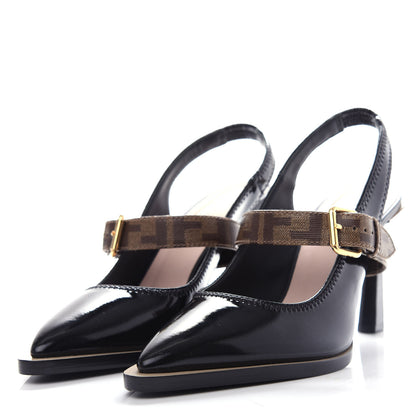 Fendi Glossy Neoprene Glazed Fabric FF FFrame Court Mary Jane Slingback Pumps 39 Black Tobacco Moro 3 of 10