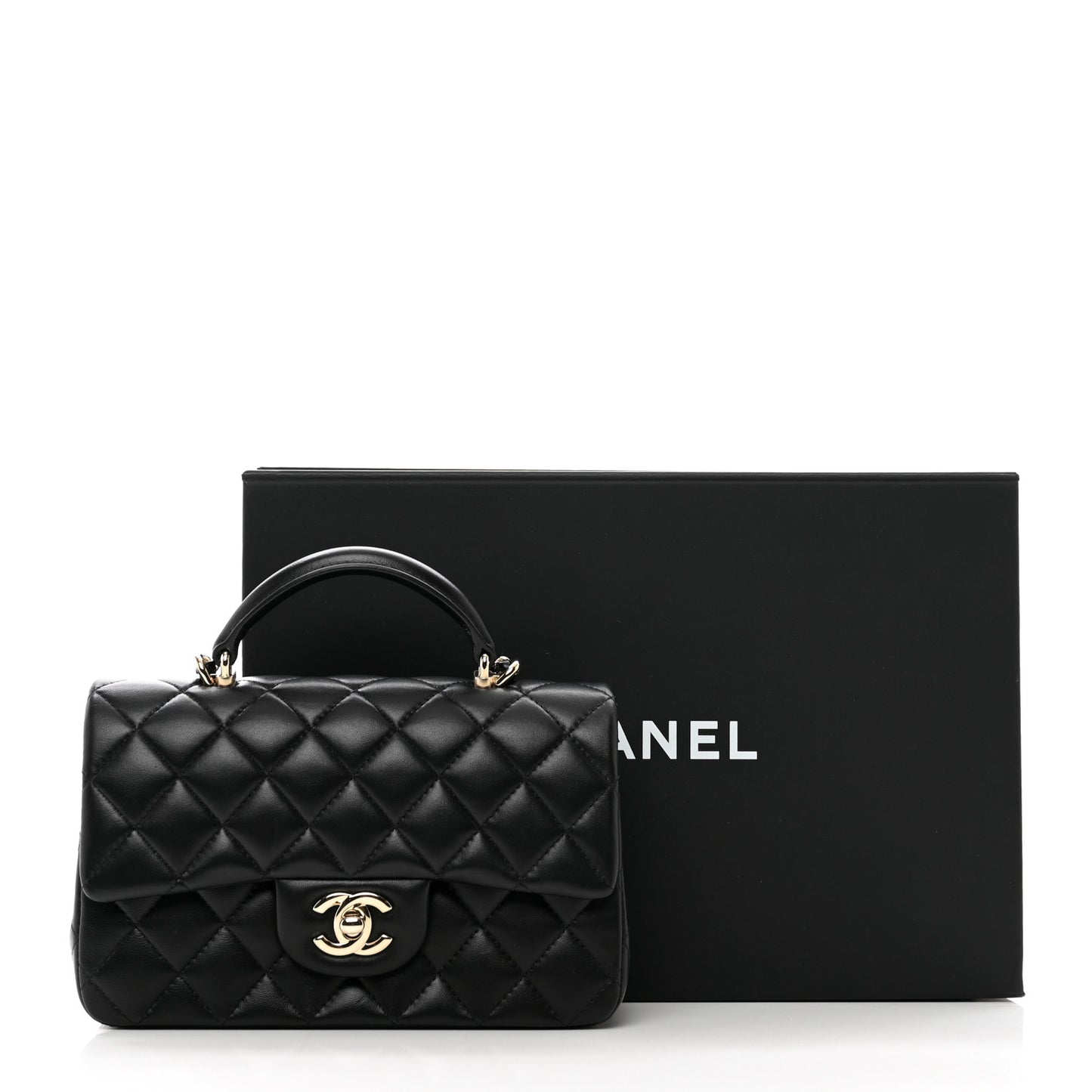 Lambskin Quilted Mini Top Handle Rectangular Flap Black