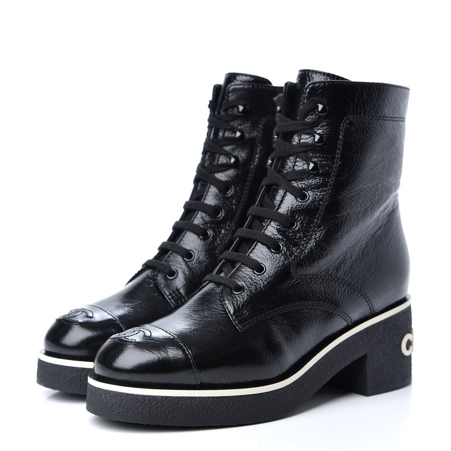 Shiny Crumpled Lambskin Lace Up Boots 39 Black