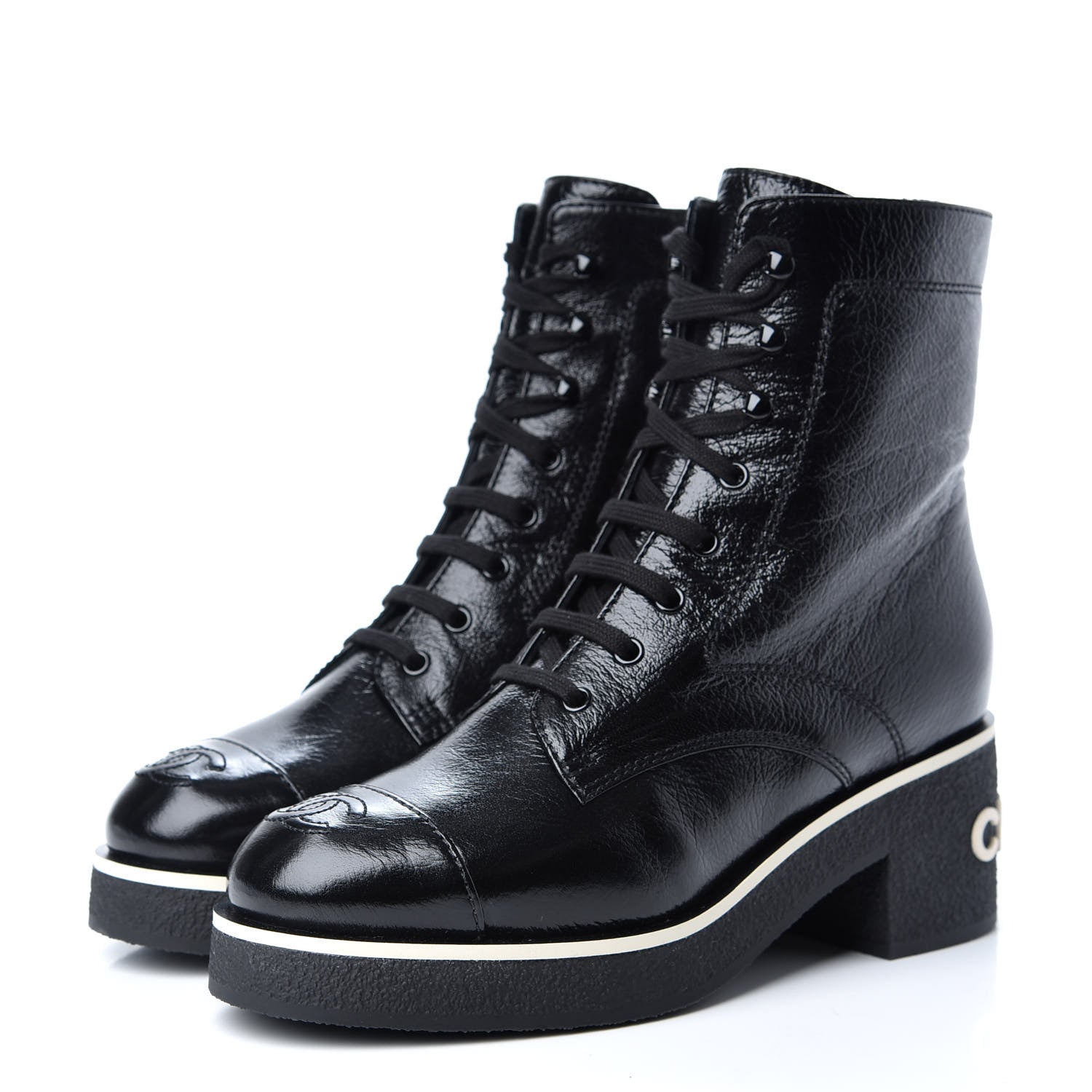 Chanel Shiny Crumpled Lambskin Lace Up Boots 39 Black 3 of 11