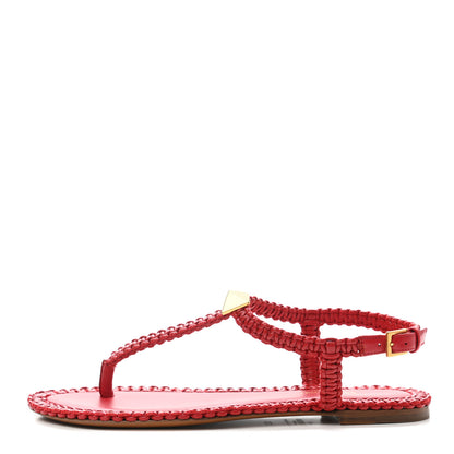 Valentino Garavani Calfskin Macrame Roman Stud Thong Sandals 37.5 Rosso 1 of 7