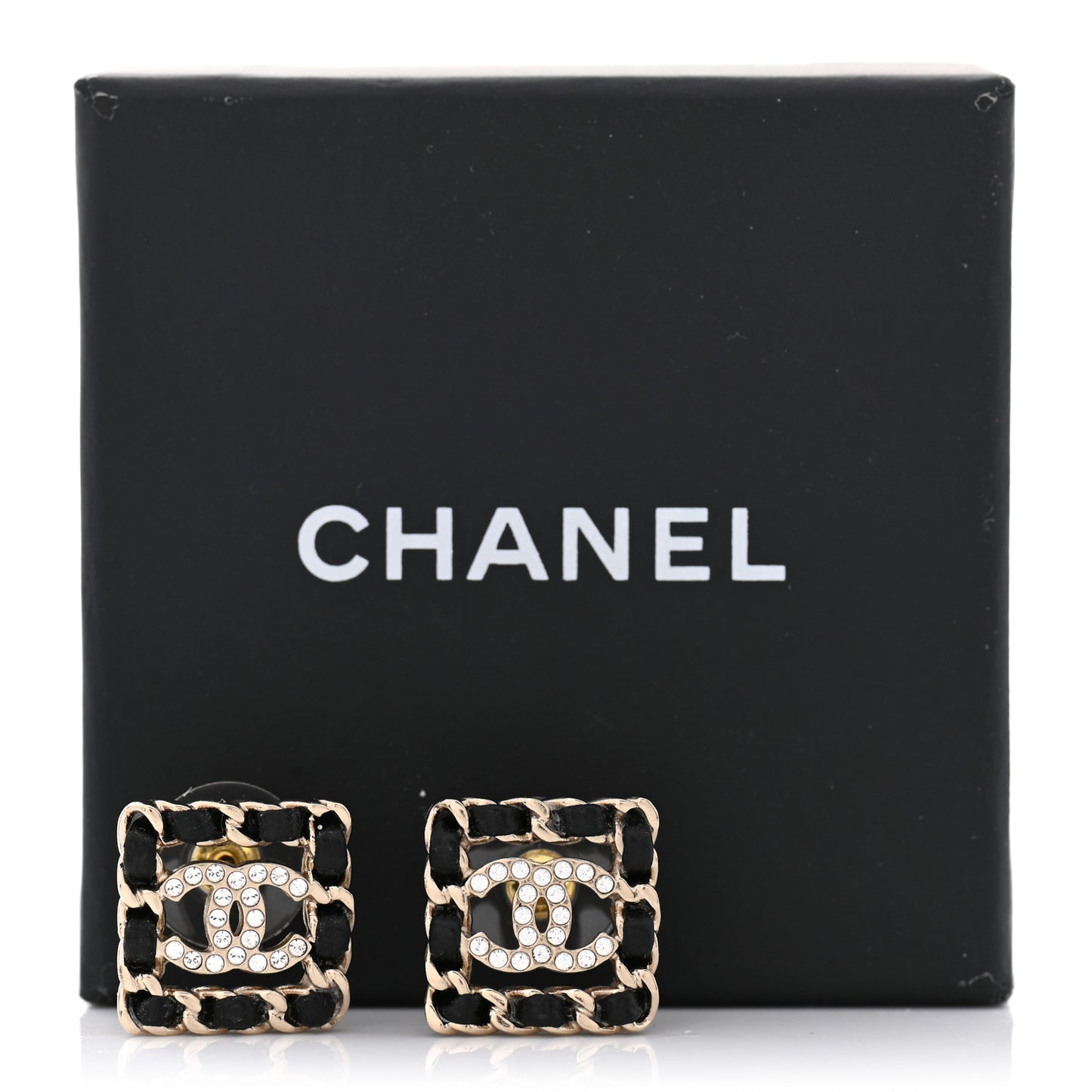 Crystal Lambskin Chain Sergeant Chanel Stud Earrings Black Gold