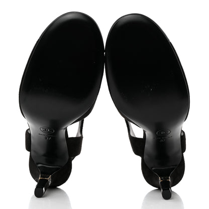 Chanel Suede Lambskin Cap Toe Crystal Slingback Pumps 37 Black 5 of 9