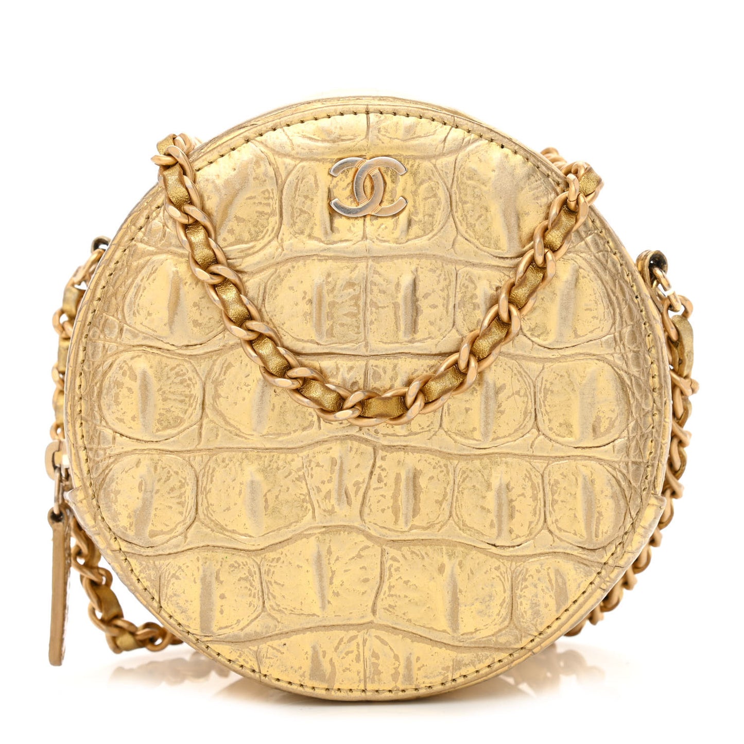 Metallic Calfskin Crocodile Embossed Cocodile Round Clutch with Chain Gold
