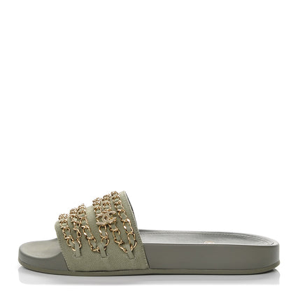 Chanel Lambskin Canvas Chain Flat Sandals 38 Khaki 1 of 8