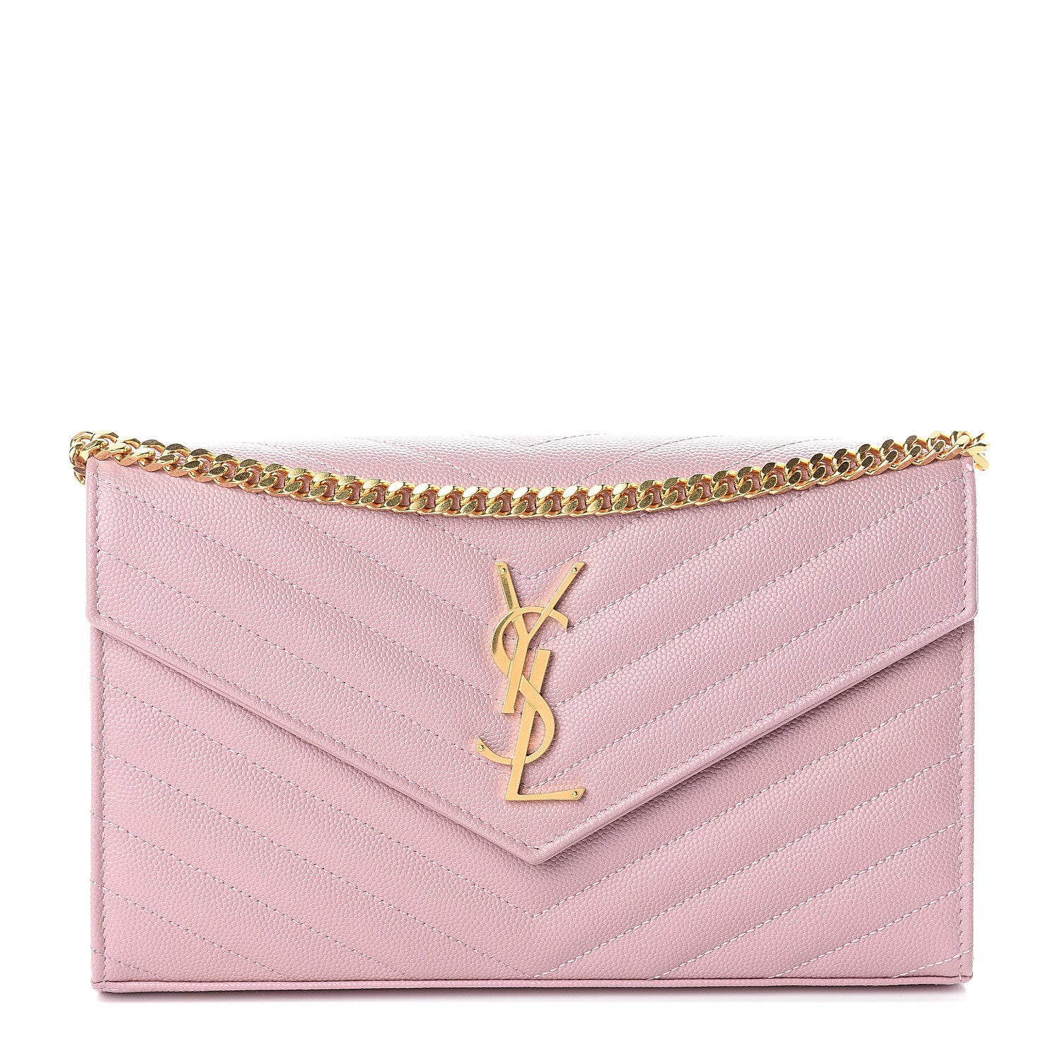Saint Laurent Grain De Poudre Matelasse Chevron Monogram Chain Wallet Pale Pink 1 of 10