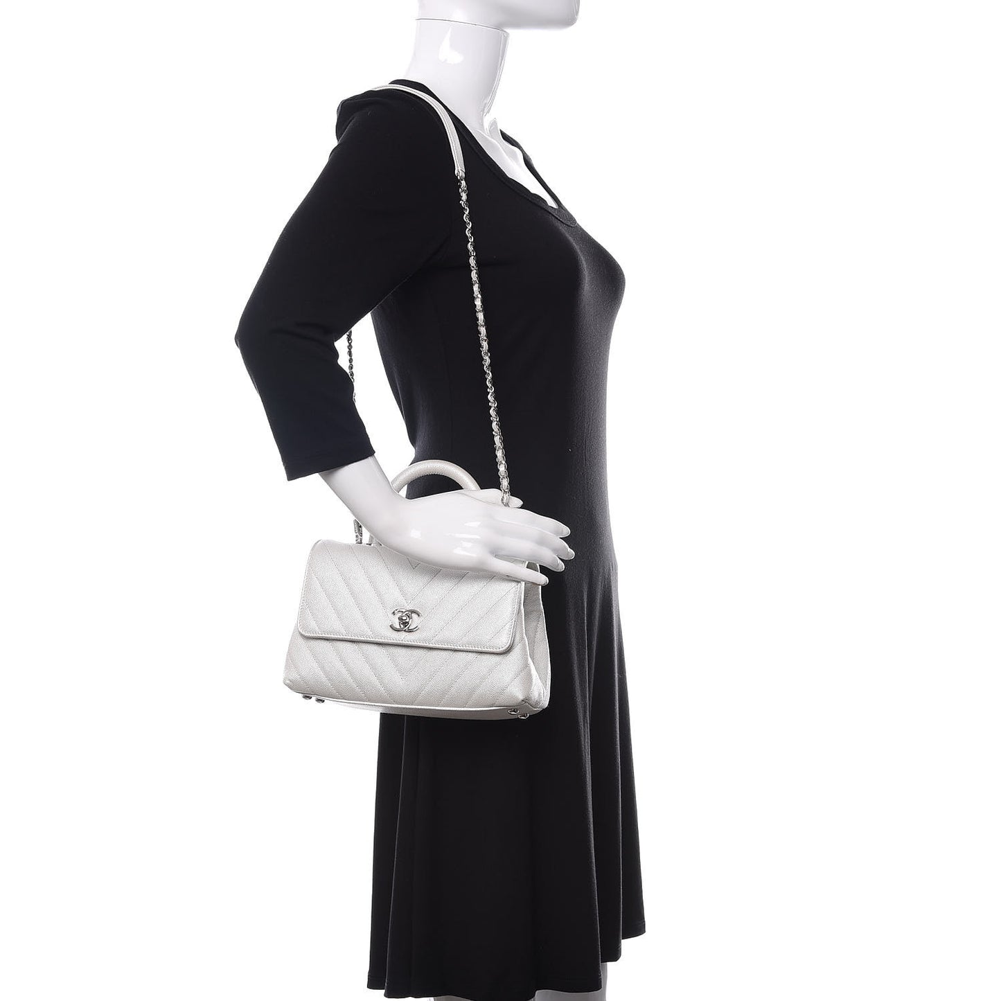 Iridescent Caviar Chevron Quilted Mini Coco Handle Flap White