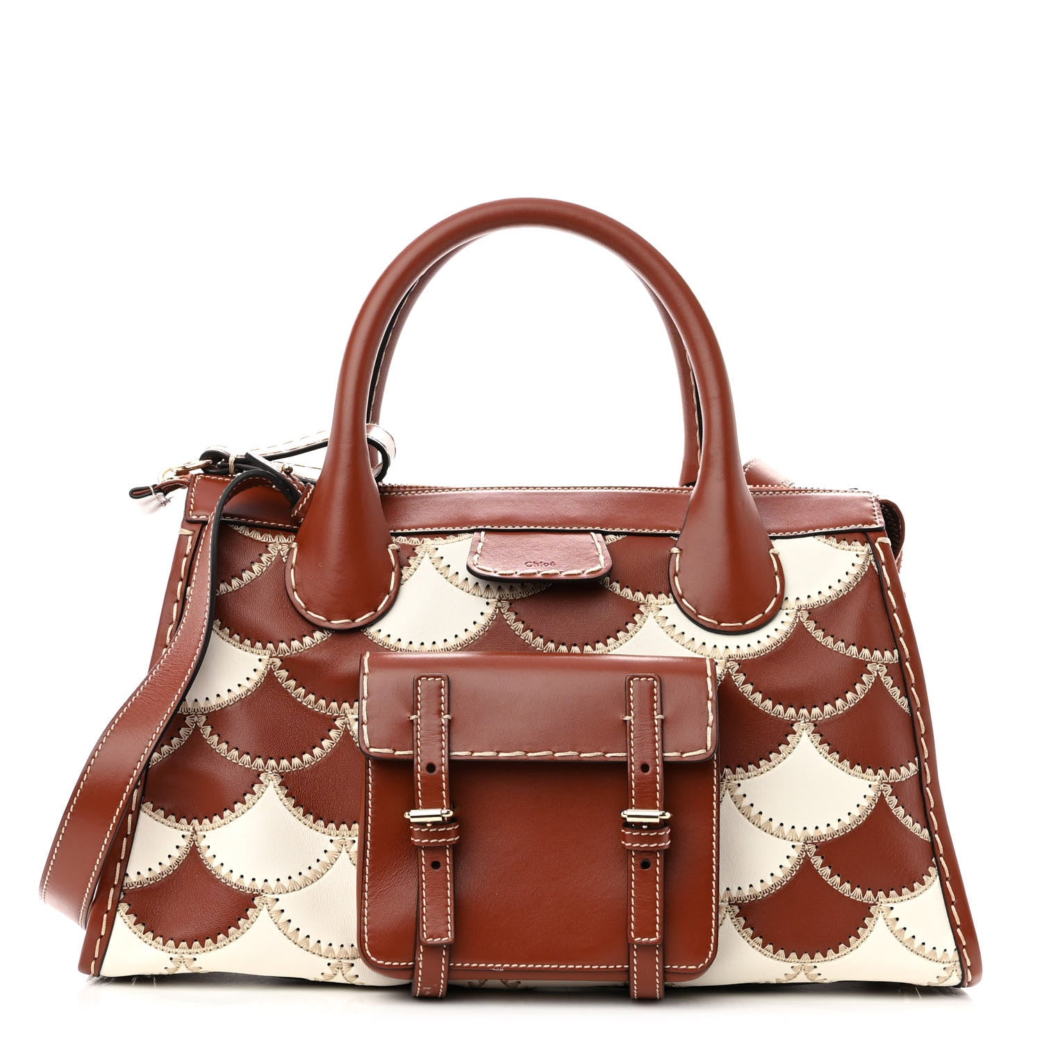 Chloe Nappa Shiny Calfskin Scallop Patchwork Medium Edith Day Bag Sepia Brown 1 of 9