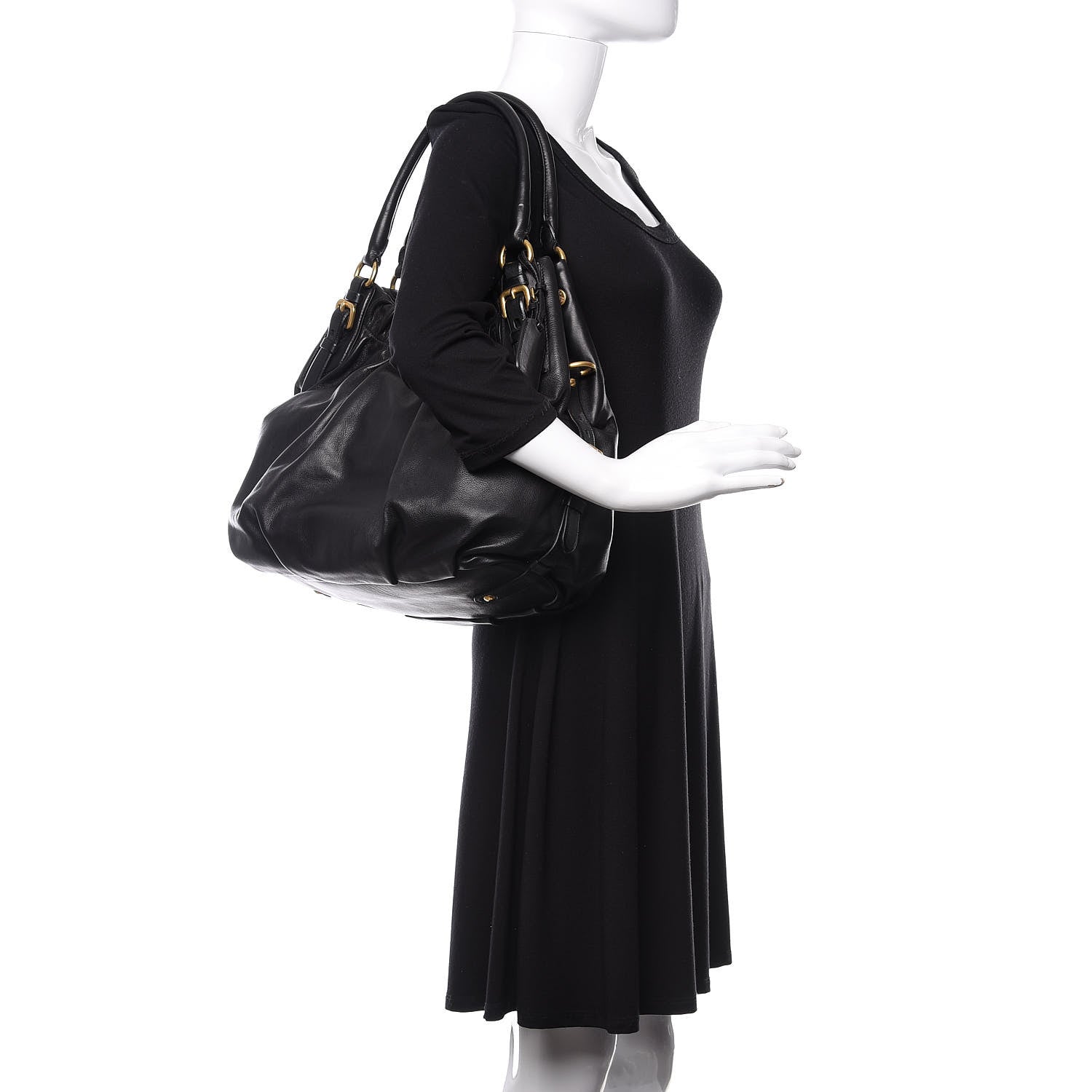 Prada Soft Calfskin Pleated Hobo Black 2 of 9