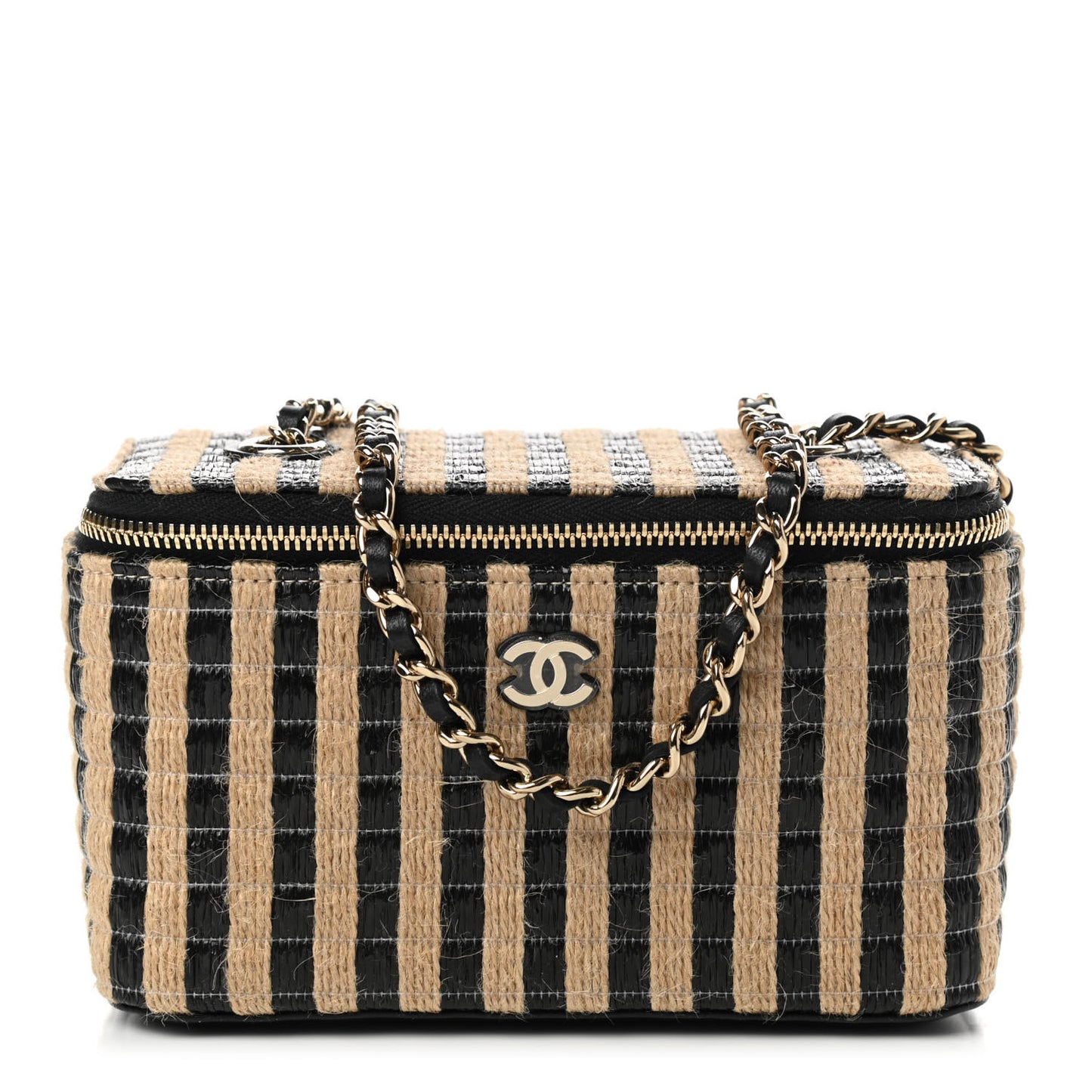Raffia Jute Striped Small Vanity Case With Chain Black Beige