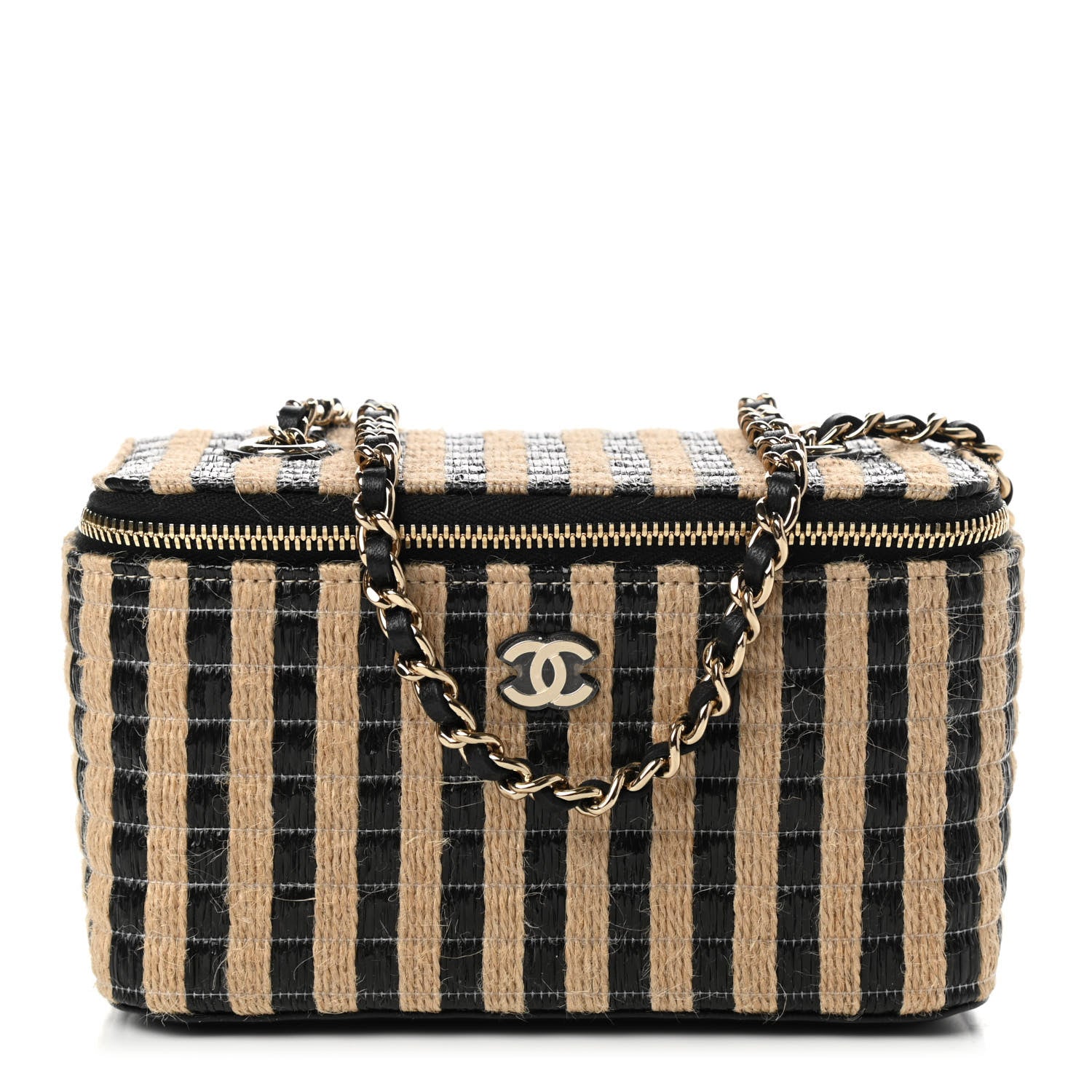 Chanel Raffia Jute Striped Small Vanity Case With Chain Black Beige 1 of 7
