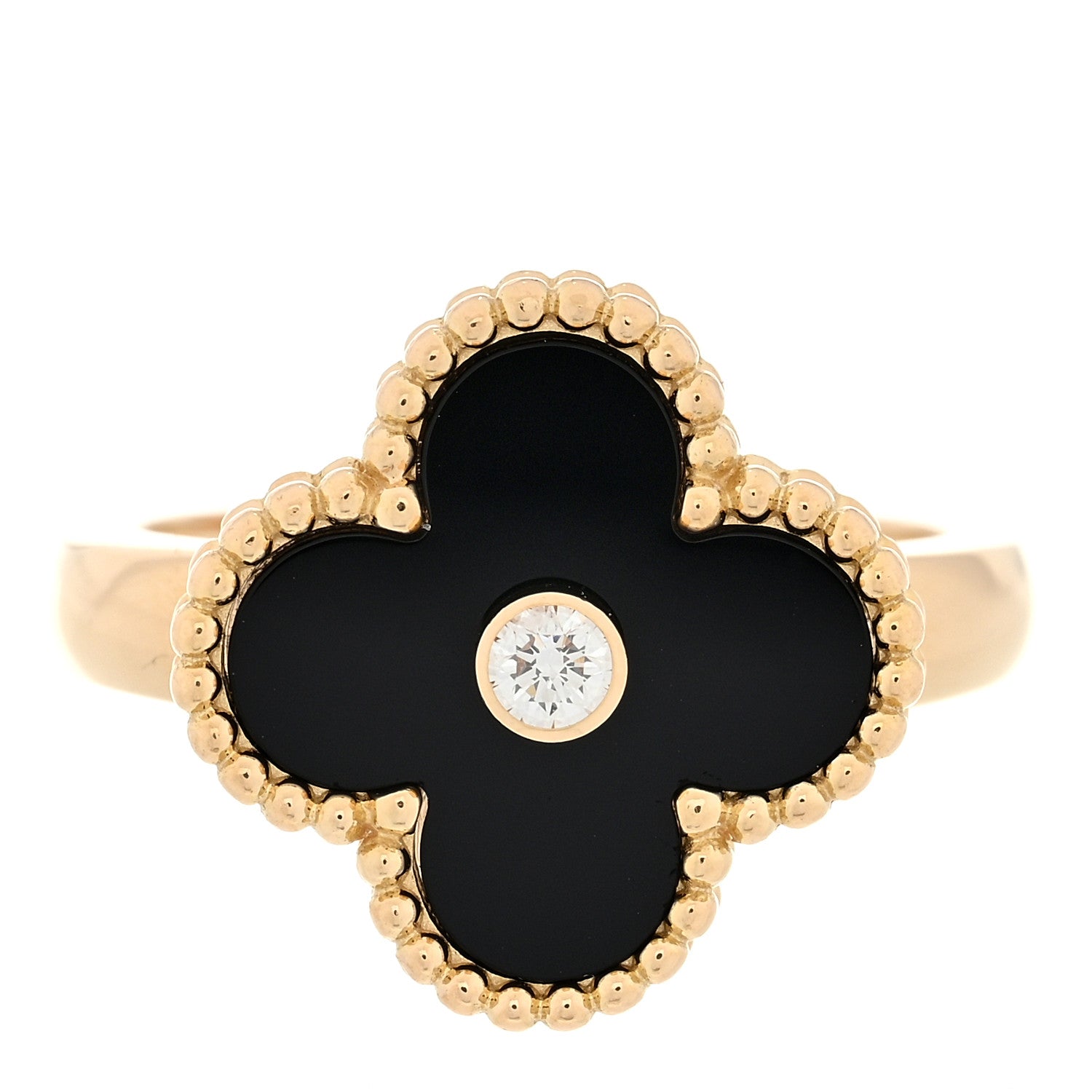 Van Cleef & Arpels 18K Yellow Gold Black Onyx Diamond Vintage Alhambra Ring 51 5.75 1 of 5