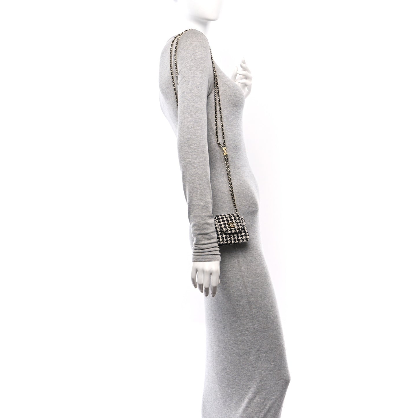 Tweed Houndstooth Quilted Mini Accordion Clutch With Chain White Black