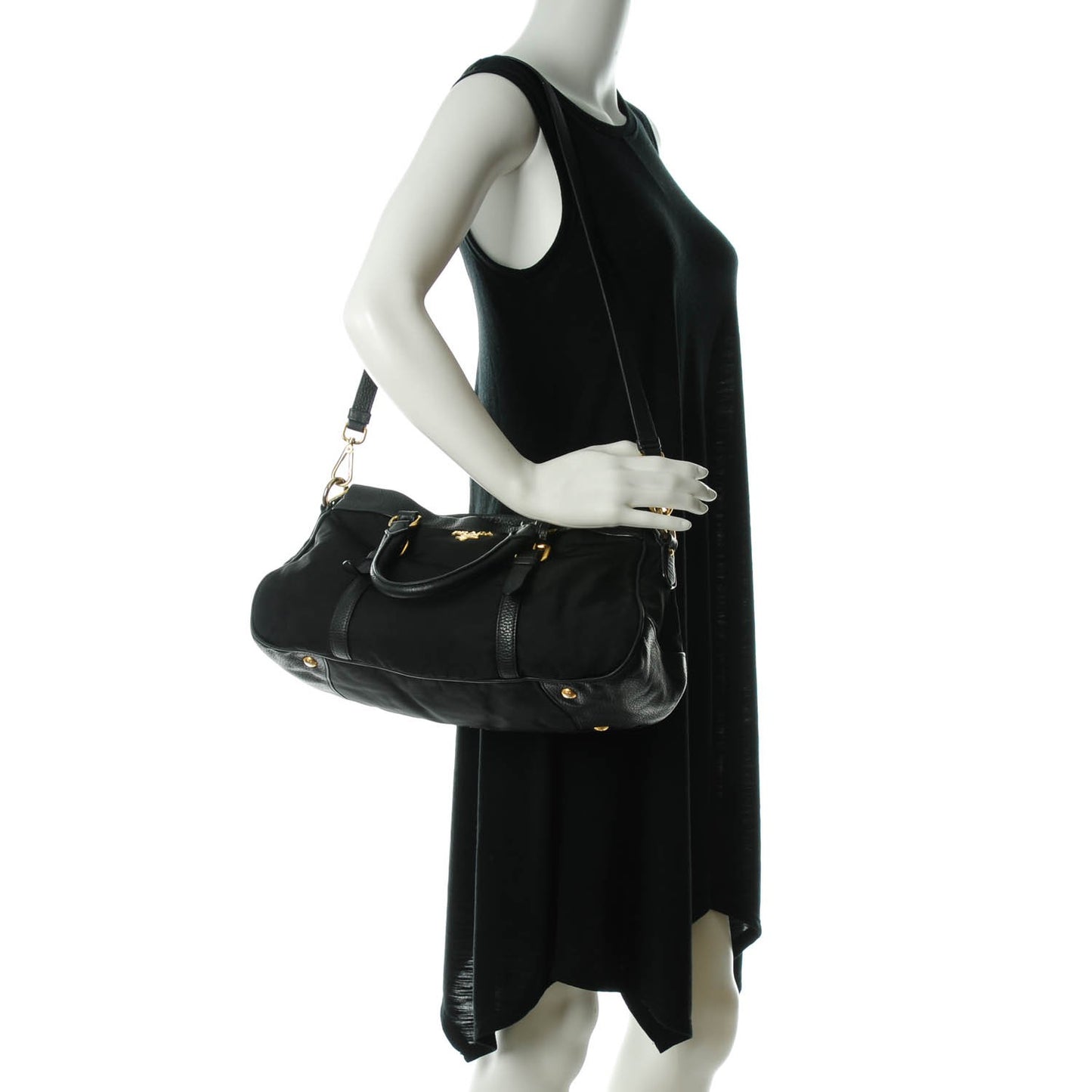 Nylon Vitello Daino Shopping Satchel Black