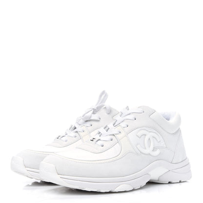 Chanel Suede Calfskin Fabric CC Sneakers 38.5 White 3 of 9