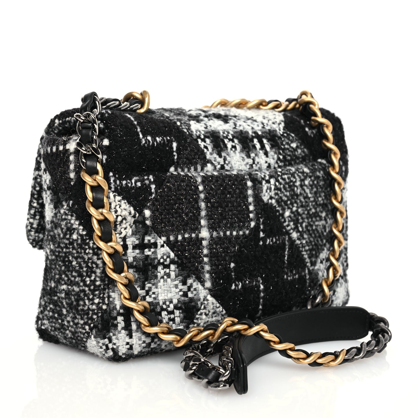 Tweed Quilted Medium Chanel 19 Flap Black White