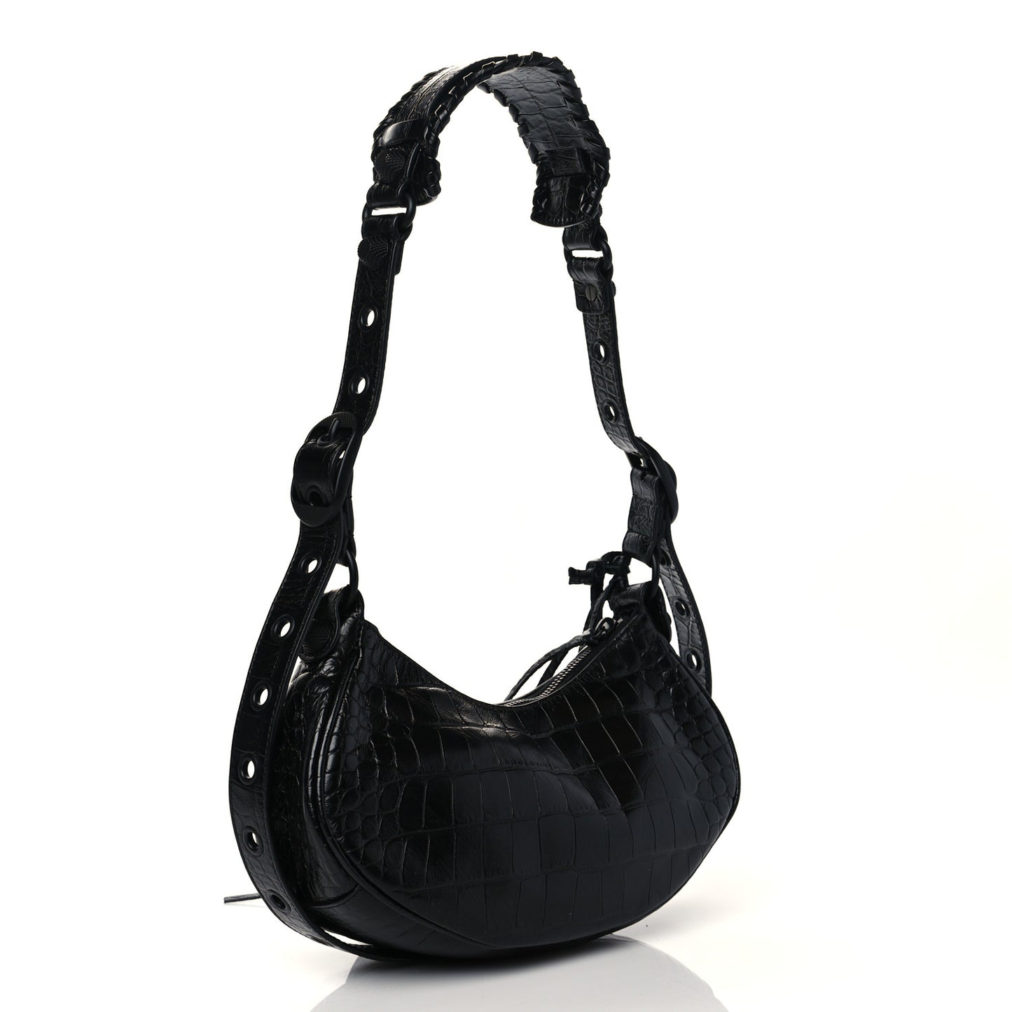 Extra Supple Calfskin Crocodile Embossed Monochrome Le Cagole Shoulder Bag XS Black