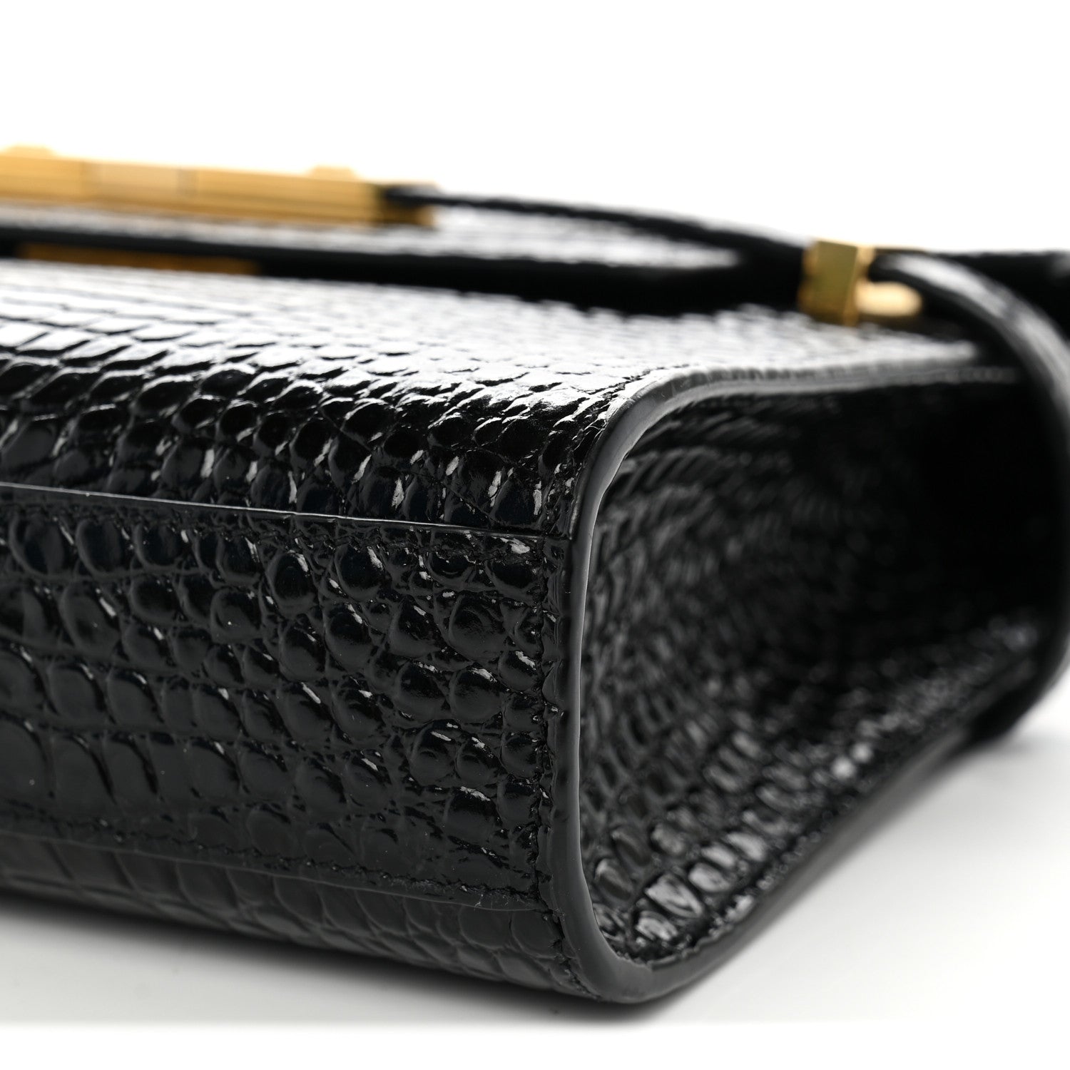 Saint Laurent Shiny Calfskin Crocodile Embossed Small Manhattan Baguette Black 10 of 11
