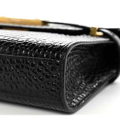 Saint Laurent Shiny Calfskin Crocodile Embossed Small Manhattan Baguette Black 10 of 11