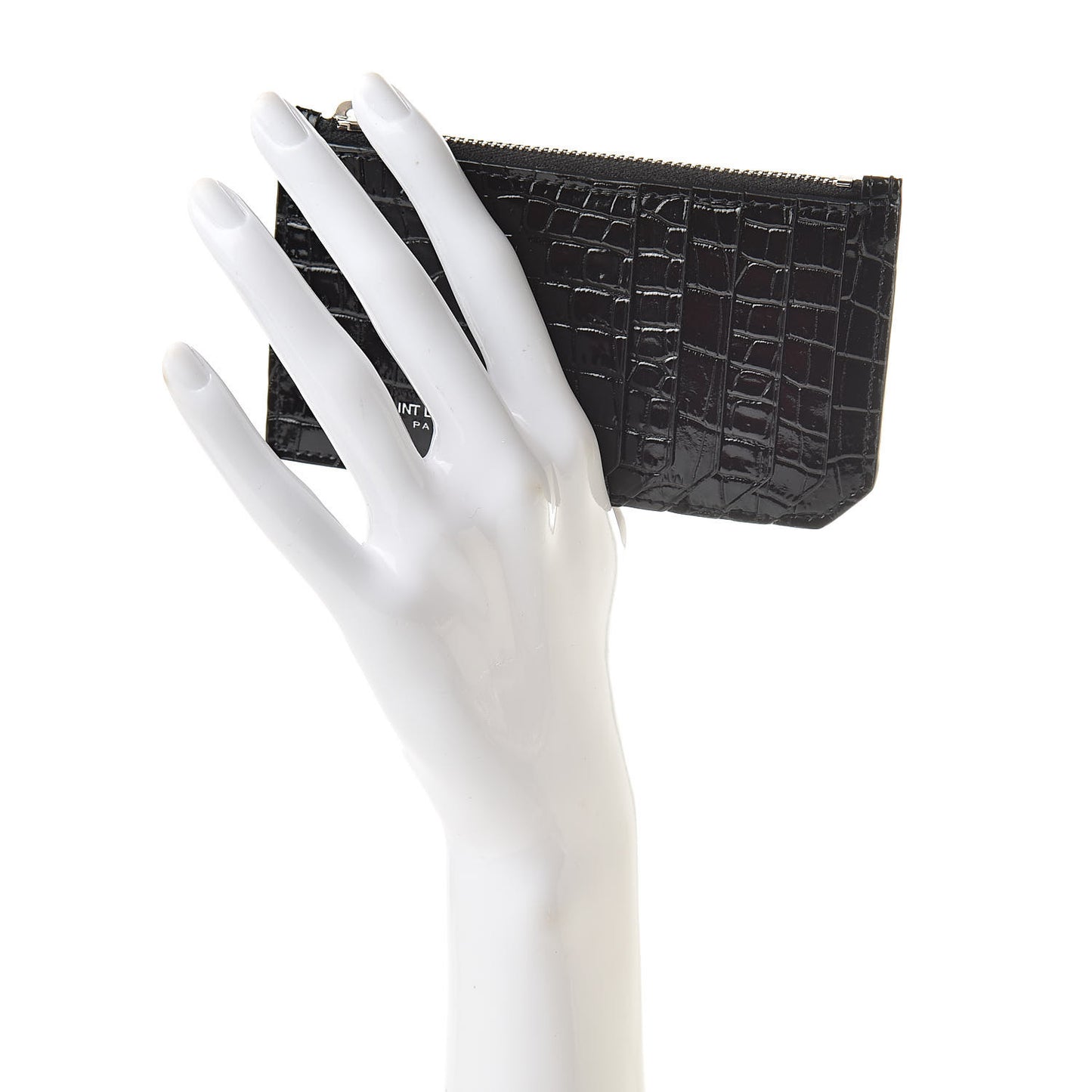 Calfskin Crocodile Embossed 5 Fragments Zip Pouch Card Holder Black